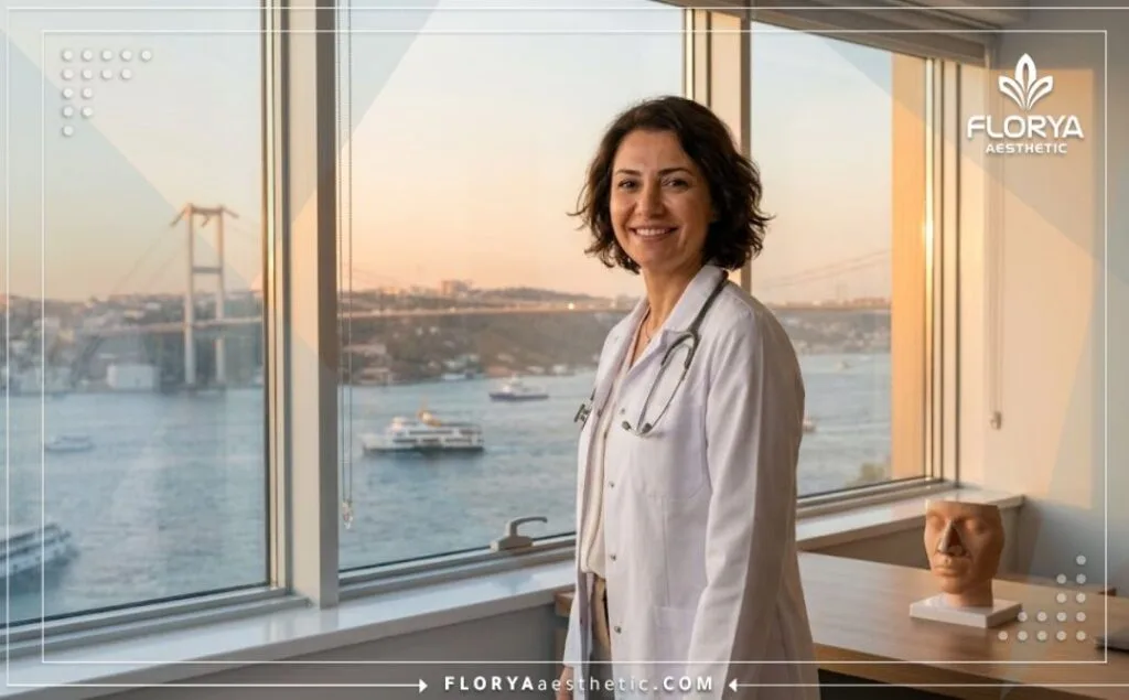 طبيب تجميل الأنف يرحب بك في مشهد مع خلفية البوسفور