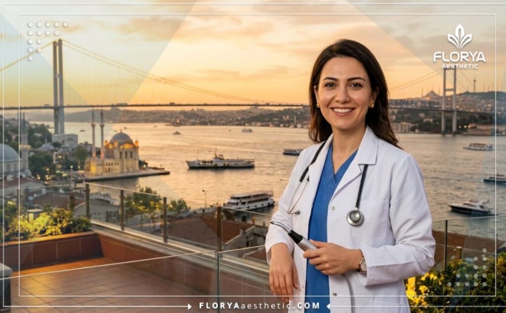 طبيب تجميل مبتسم يرحب بالمرضى مع خلفية لمعالم إسطنبول السياحية الرائعة.