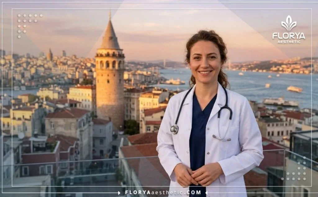 طبيب متخصص في جراحة تجميل الأنف المغلقة يرحب بالمرضى في عيادة مشهد.