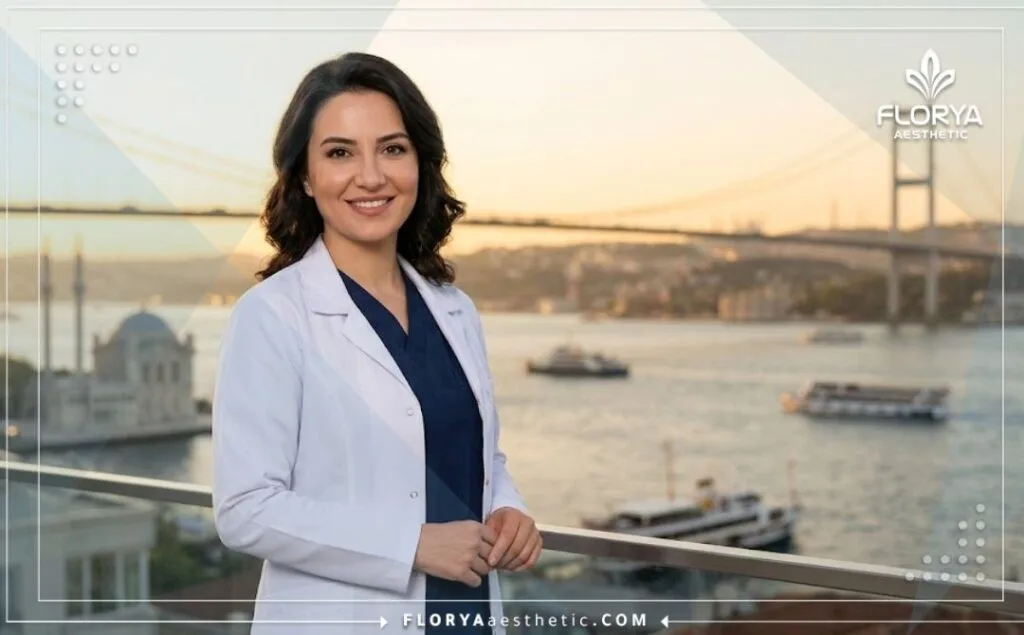 طبيب تجميل الأنف التحفظي يرحب بالمرضى مع خلفية رائعة لمدينة إسطنبول وجسر البوسفور
