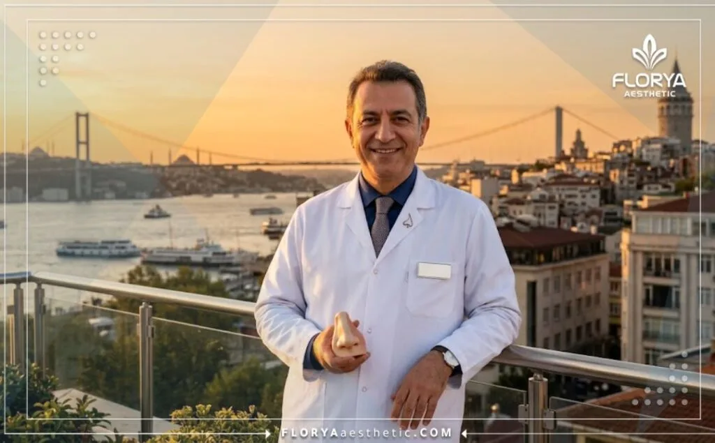 طبيب تجميل متخصص يبتسم مع خلفية جسر البوسفور في إسطنبول