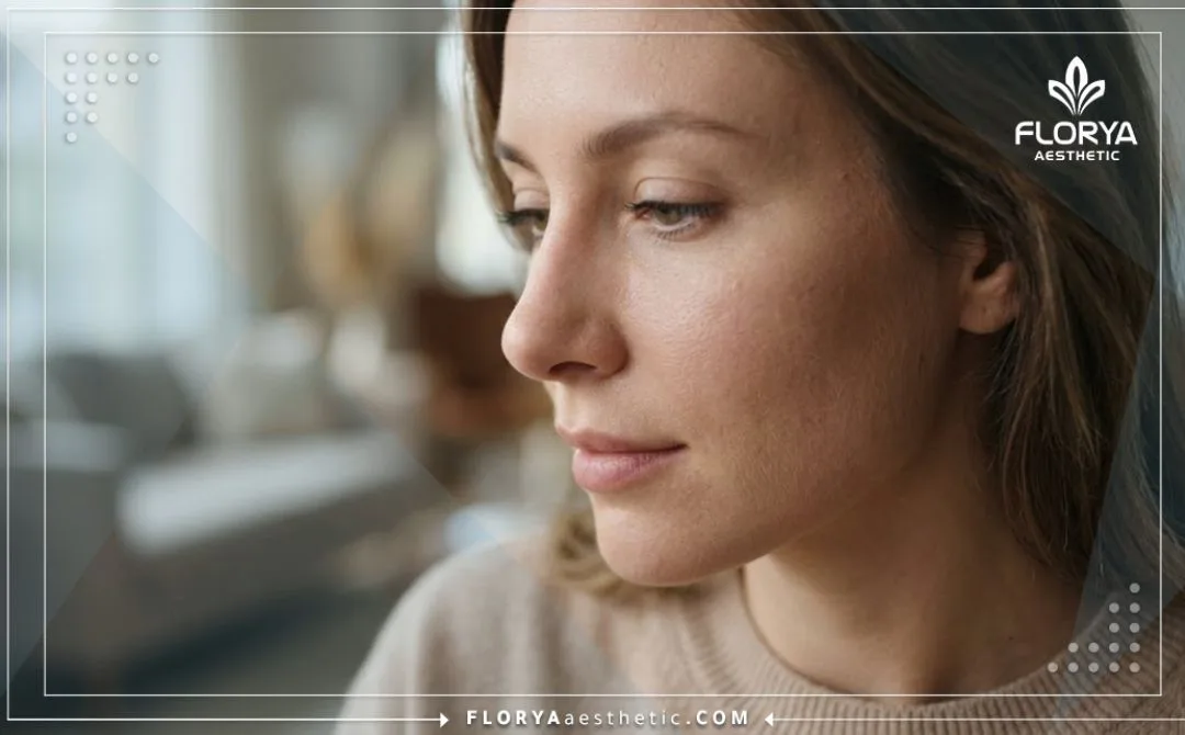 لقطة قريبة سينمائية تظهر النتيجة المثالية والطبيعية لمنطقة الأنف بعد الإجراء.