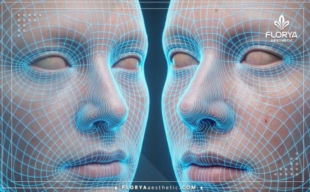 مسح رقمي ثلاثي الأبعاد يوضح تفاصيل الوجه والأنف للتحضير لعملية تجميل الأنف التحفظي