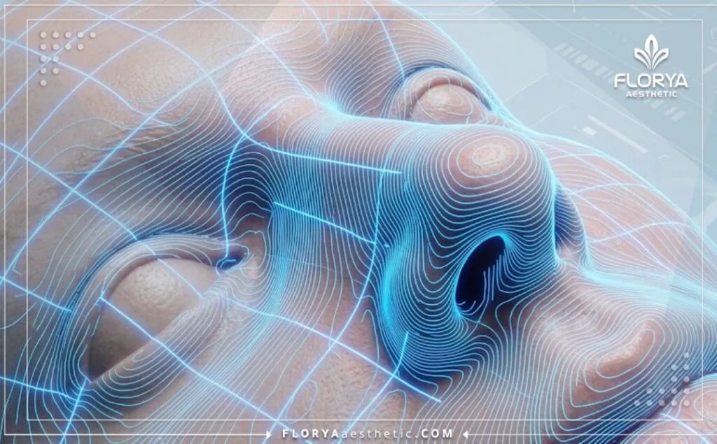 مسح رقمي ثلاثي الأبعاد يوضح تفاصيل الأنف الدقيقة لضمان أعلى درجات الدقة في التجميل.