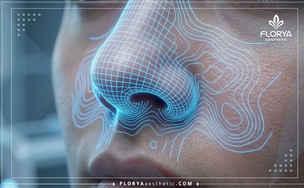 مسح رقمي ثلاثي الأبعاد لمنطقة الأنف استعداداً لإجراء جراحة تجميل الأنف المغلقة.