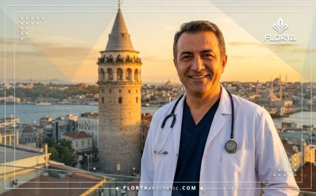 طبيب تجميل يرحب بالمرضى في مشهد مع برج غلطة