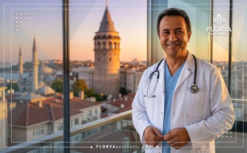 طبيب تجميل ودود يرحب بالمرضى في مشهد مع خلفية لجسر البوسفور